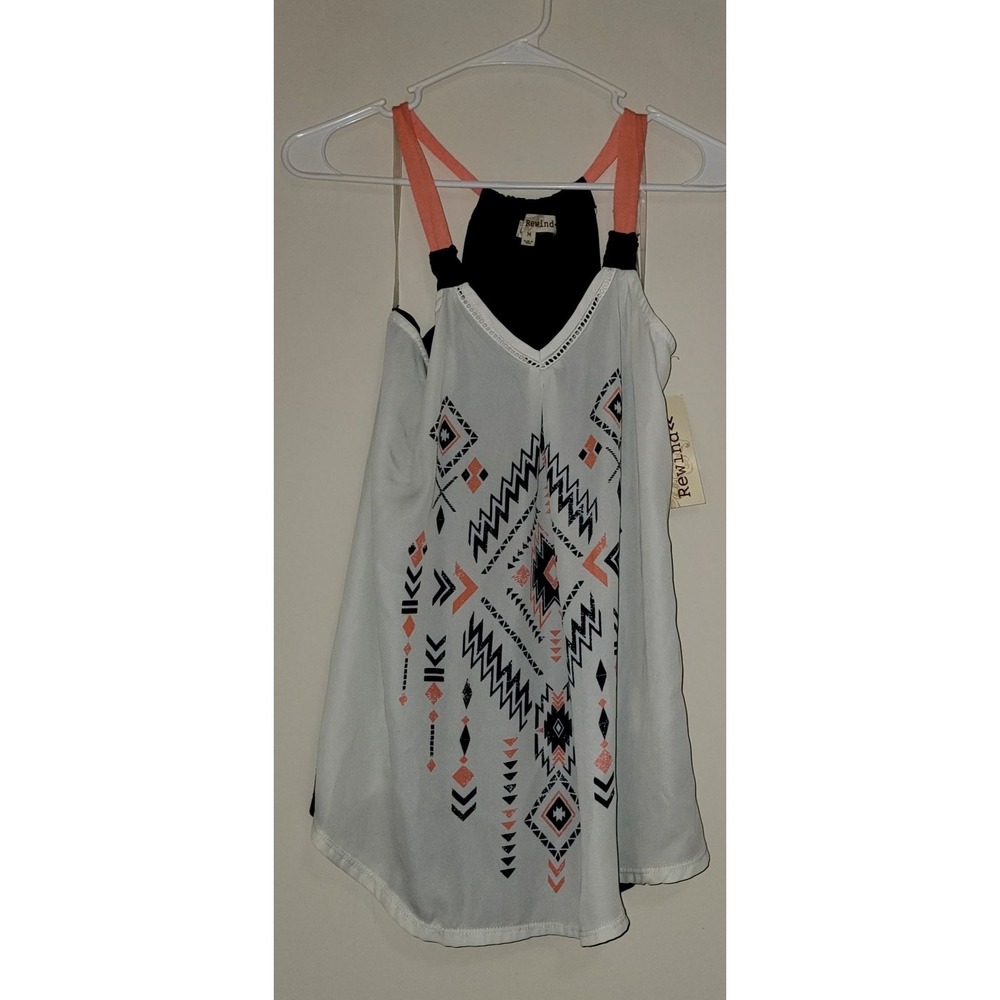 Rewind Women's Medium Black White Coral Aztec Print‎ Tank Top